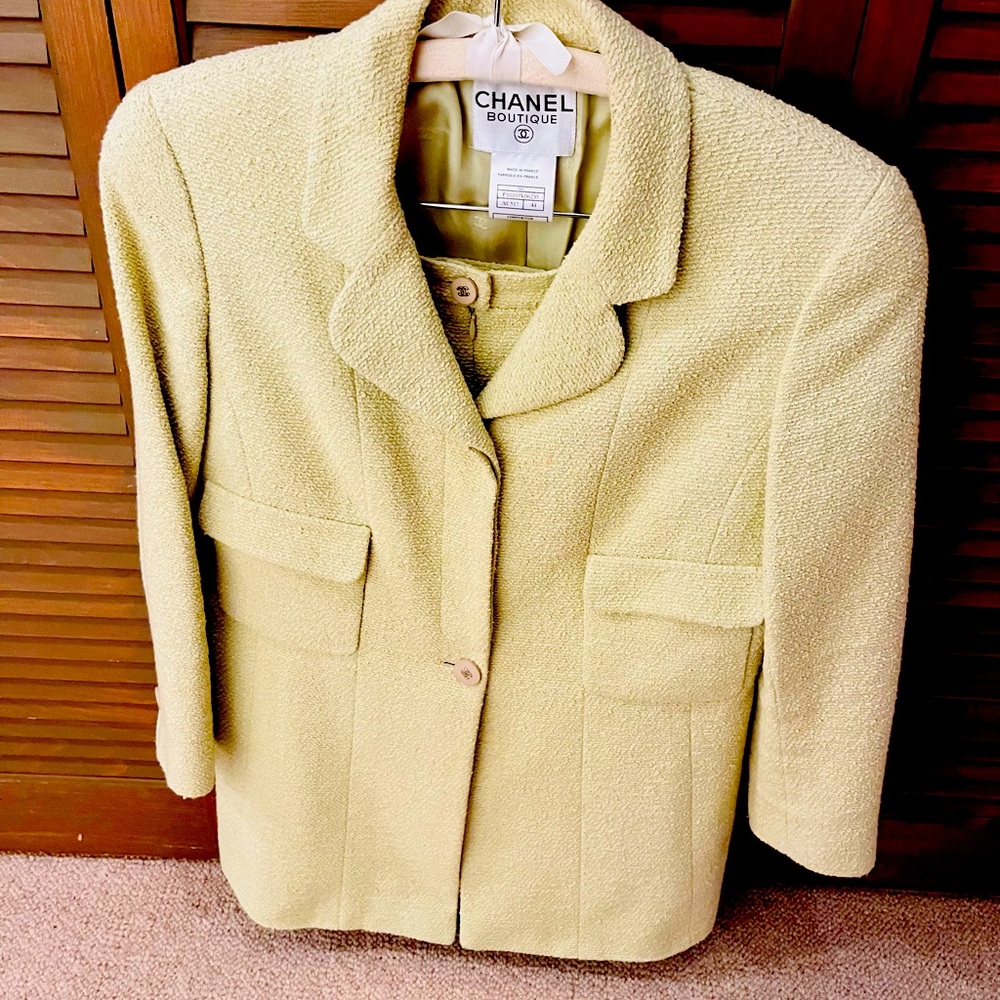 CHANEL -  Celadon Green Boucle Skirt Suit - Size  44 / US 12